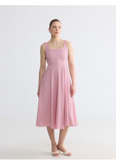 Lcw Comfort Pembe Kare Yaka Ekose Belden Oturtmalı Elbise