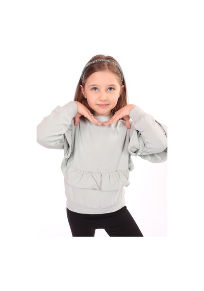 Toontoy Kız Çocuk Oversize Bisiklet Yaka Düşük Omuz Asimetrik Sweatshirt - Fırfır Detaylı & 2 İplik Gri