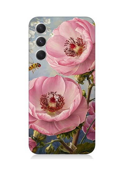 Samsung Galaxy A14 Uyumlu Pembe Çiçek Ve Arı Desenli Silikon Kılıf Çok Renkli
