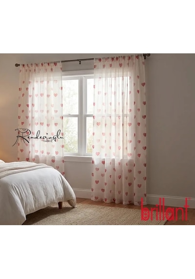 Tül Perde Kalp Motifli Çocuk Odası Perdesi Örme Kumaş Brillant Markası Kırmızı