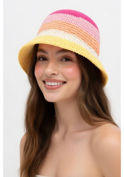 Mollycrush Kadın Pembe Geçişli Hasır Örgü Bucket Şapka Bohem Stil Plaj Ve Güneş Şapkası Pembe