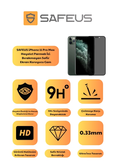 Safeus Tam Kaplayan Hayalet Parmak İzi Bırakmayan Safir Ekran Koruyucu Cam , Apple Uyumlu iPhone 11 Pro Max İle
