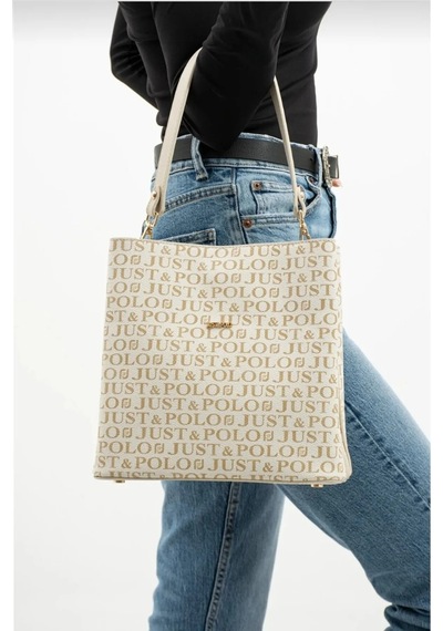 Just Polo Kadın Monogram Baskılı El Ve Omuz Çantası Ebat 25 X 25 Krem