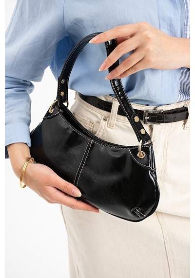 Lovelystore Bükreş Model Omuz Ve El Çantası Parlak Kırçıllı Yapılı Fermuarlı 33x14 Siyah
