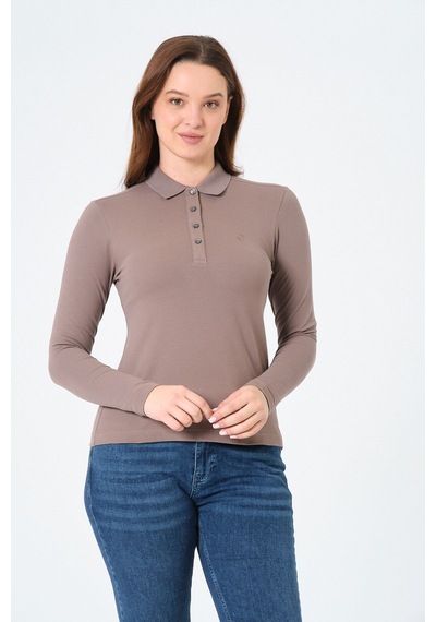 Msw Kadın Uzun Kollu Regular Fit Polo Yaka T-shirt Vizon