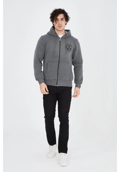 Mbb E-ticaret Erkek 3 İplik Pamuklu Fermuarlı Kapüşonlu Kanguru Cepli Baskılı Hoodie Hırka Sweatshirt - Füme