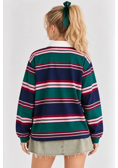Mevese Oversize Polo Yaka Çizgili Kadın Sweatshirt - Lacivert-yeşil Lacivert - Yeşil Mevese Oversize Polo Yaka Çizgili Kadın Sweatshirt - Lacivert-yeşil Lacivert - Yeşil
