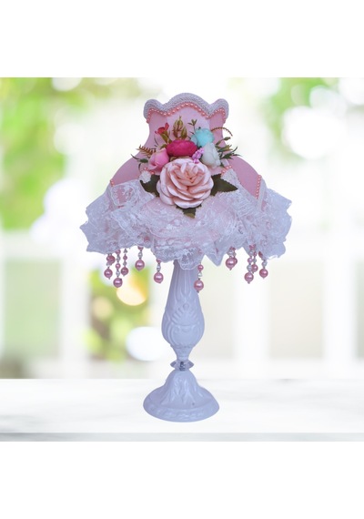 Pudra Pembe Kadife Çiçek Süslemeli Başlık Beyaz Metal Ayaklı Klasik Prenses Model Abajur 50x30cm