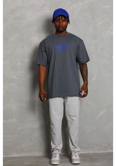 Erkek Baskılı Tişört Kısa Kol Bisiklet Yaka Oversize T-shirt - Füme