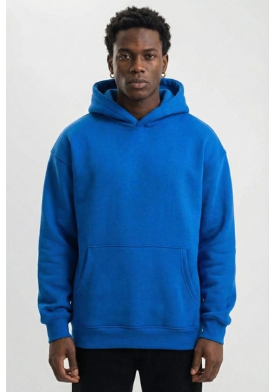 Premium Baskılı Kapşonlu Sweatshirt Üç İplik İçi Pamuklu Kanguru Cepli Double Oversize Rahat Kalıp Hoodie - Saks Mavi Saks Mavisi