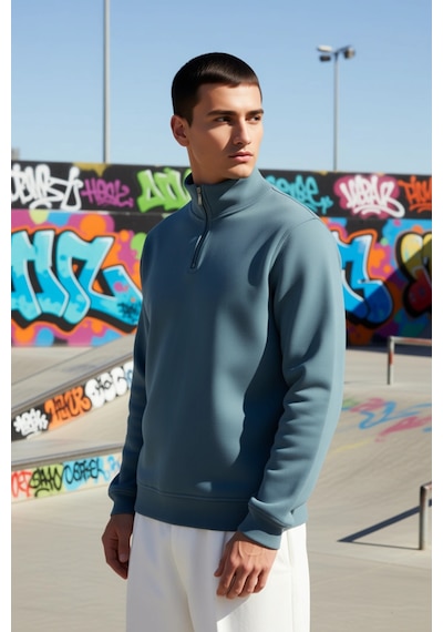 Benerly Erkek Dik Yaka Fermuarlı Standart Kol Regular Kalıp Sweatshirt Fo Mavi