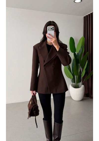 Ecenin Favorileri Acı Kahverengi Kruvaze Blazer Kadın Ceket