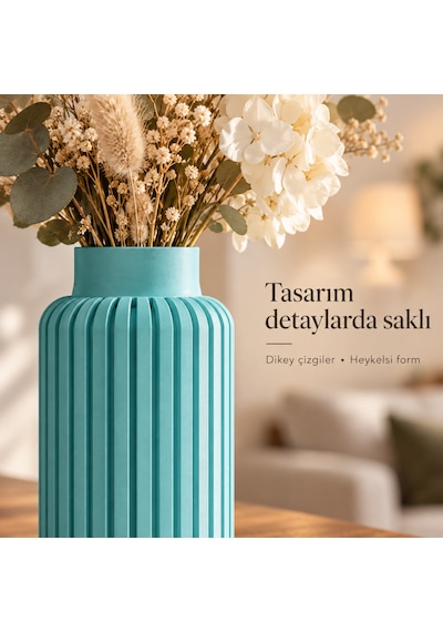 Dikey Çizgili Dekoratif Vazo 20 Cm Modern Silindir Tasarım Camgöbeği