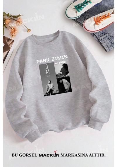 Macklin Unisex Kadın Erkek Park Jimin Bts Özel Tasarım Baskılı Bisiklet Yaka Sweatshirt Gri Mck1381 Gri