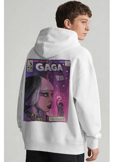Sevbano Tasarım Lady Gaga Şarkıcı Sırt Baskılı Unisex Oversize Penye Hood beyaz