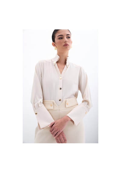 Sateen Çıt Çıt Detaylı Gömlek - Bej-135953 Bej