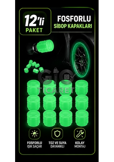 Yeşil Fosforlu Sibop Kapağı 12'li Paket - Yeşil Renkli Araç, Motosiklet, Bisiklet Uyumlu
