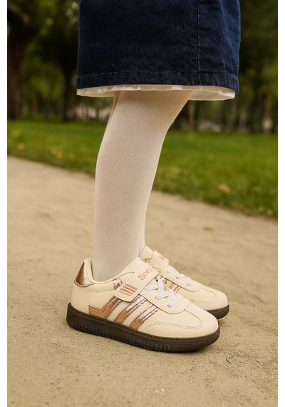 Günlük Unisex Çocuk Sneaker Bağcıklı Hafif Kaymaz Taban Ayakkabı Bej