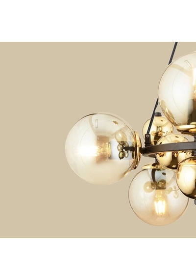 Sekizli Yuvarlak Camlı Avize Siyah-gold 70x75 Cm Çok Renkli