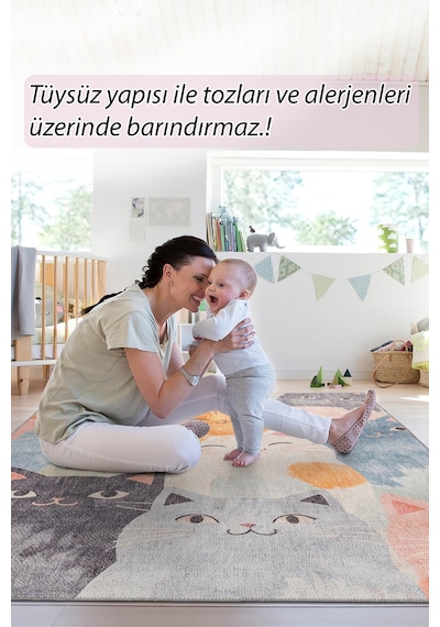 Artloop Minor Kedi Desenli Dokuma Taban Dekoratif Çocuk Odası Halısı Al 434 Kırmızı