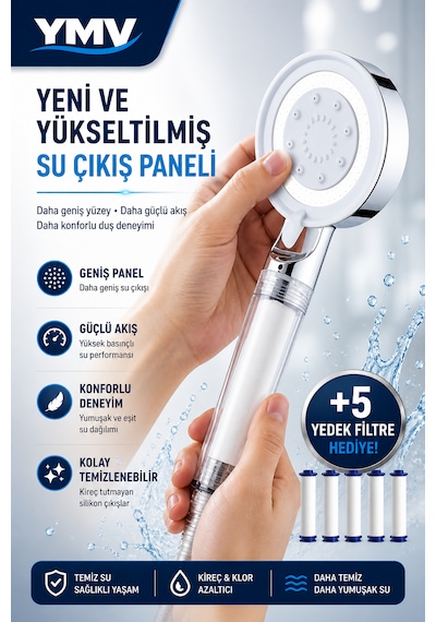 Ymv Filtreli Duş Başlığı Yüksek Basınçlı Banyo Başlığı Kireç Ve Klor Azaltıcı 5 Yedek Filtreli Su Tasarruflu Krom