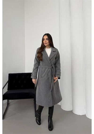 Neşeli Butik Kadın Antrasit Kuşaklı Reglan Kol Düğmeli Premium Kaşe Kaban Nbkbn01 Antrasit