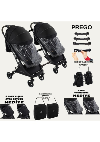 Prego Yan Yana Birleştirmeli Kabin Boy İkiz Bebek Arabası Ayak Örtüsü + Yağmurluk + Taşıma Çanatası