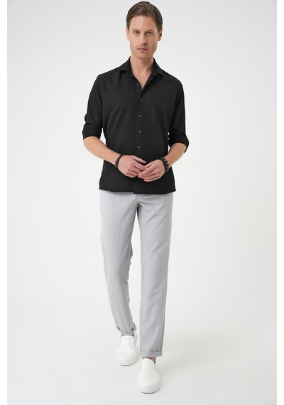 Efor Slim Fit Gofre Kumaş Desenli Kısa Kol Siyah Gömlek G 1592 Siyah