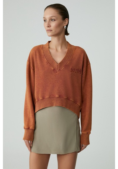 Grimelange ANDREITA Kadın V Yakalı Asimetrik Oversize Turuncu Sweatshirt