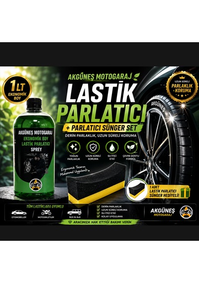 Akgüneş Motogaraj 1 Lt Lastik Parlatıcı + Lastik Parlatma Süngeri Seti Derin Parlaklık Ve Uzun Süreli Koruma