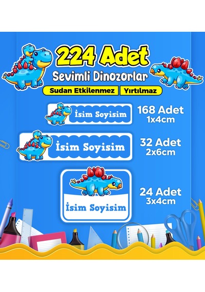Dinozor Temalı Okul Kreş Kişiye Özel İsim Etiket Seti - Model 465 Çok Renkli