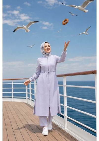 Hb Harma Time Butik Kadın Ribanalı Fermuarlı Keten Tunik Pantolon Gri İkili Takım Gri Gri