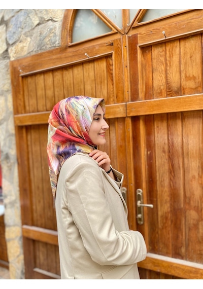Seyra Mercan-sarı Fırça Desen Tivil İpek Eşarp 3873 Çok Renkli