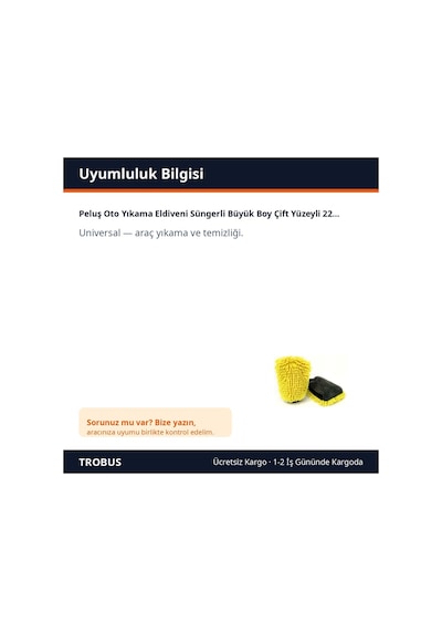 Trobus Peluş Oto Yıkama Eldiveni Süngerli Büyük Boy Çift Yüzeyli 22x19 Cm Sarı