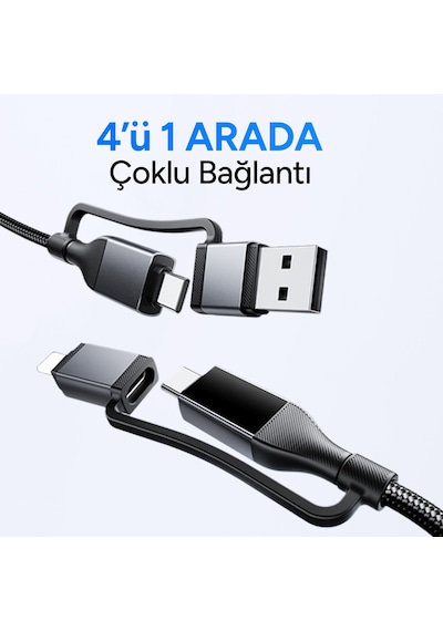 Juo 60w 4'ü 1 Arada Type-c / Usb-a / Lightning Dijital Led Ekranlı Örgülü Hızlı Şarj Ve Data Kablosu 1.2 Metre