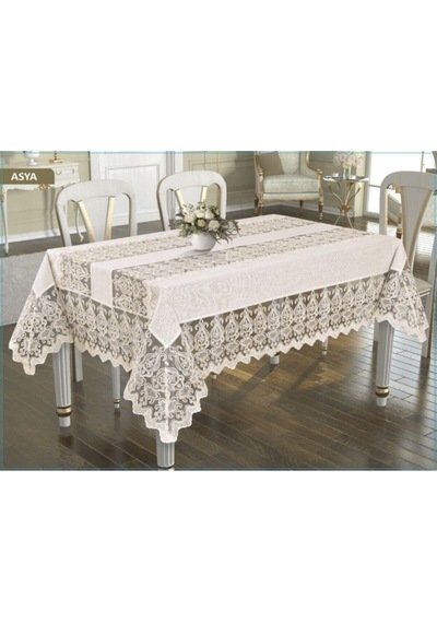 Asya Model30cm Genis Güpürlü Keten 160x220cm Masa Örtüsü Krem Kumaş Gold Dantelli