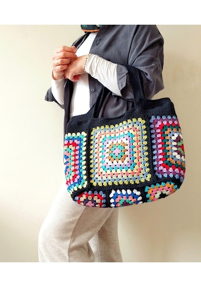 Kemzey Handmade El Yapımı Siyah Tote , Nostaljik Kareli Örgü Çanta Çok Renkli Sarı