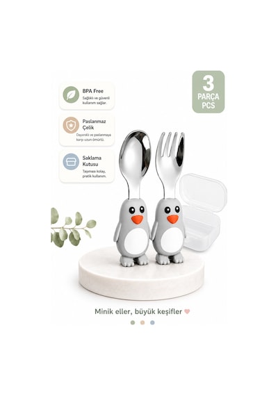 Penguen Figürlü Premium Çocuk Bpa Free Silikon Sap Paslanmaz Çelik Uçlu Çatal-kaşık Set 9+ Ay