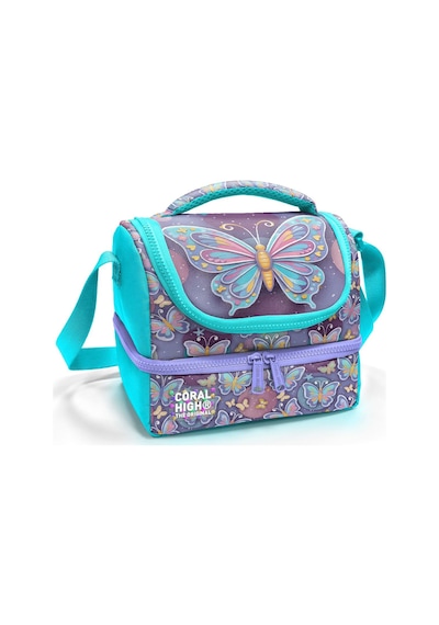Coral High Kız Çocuk Pastel Renkli Kelebek Desenli İki Katlı Okul Beslenme Çantası 37203 Turkuaz