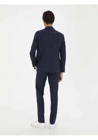 Cacharel Koyu Lacivert Slim Fit Yün Keten Karışımlı Takım Elbise