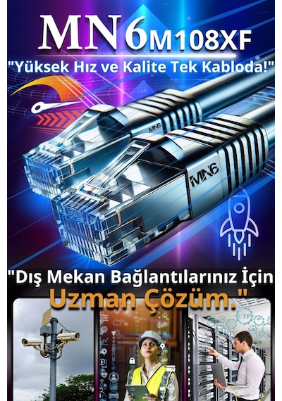 MN6 M108XF Cat6 FTP Ethernet Kablosu 305 Metre Dış Mekan UV Korumalı Çift Katmanlı PE+PVC Parazit Önleyici 23AWG 0.60mm