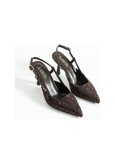 Lebibe Shoes Lısa Kadın Acı Kahve Sivri Burun 7 Cm Topuklu Çiçek Dantel Desenli Rugan Slingback Ayakkabı Kahverengi