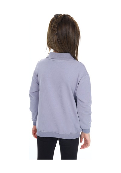 Kız Çocuk Regular Fit Polo Yaka Düşük Omuz Nakış Baskılı Sweatshirt - 2 İplik Koyu Gri