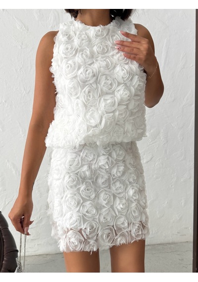 Verymoda Gül Desenli Tül Etek F1757 Krem