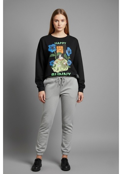 The Kadın Happy Bunny Baskılı %100 Pamuk 3 İplik Şardonsuz Sweatshirt - Bisiklet Yaka Basic Üst Siyah The Kadın Happy Bunny Baskılı %100 Pamuk 3 İplik Şardonsuz Sweatshirt - Bisiklet Yaka Basic Üst Siyah
