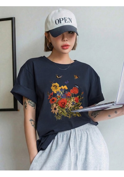 Uyguntarz Unisex Renkli Çiçekler Baskılı Tasarım Tshirt Lacivert