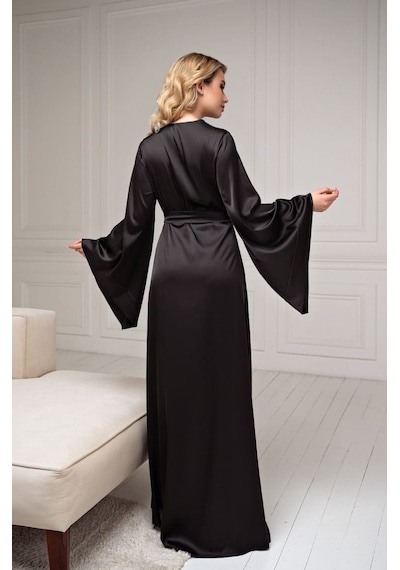 Juwana Gelin Sabahlık Uzun Ipeksi Saten Siyah Kimono