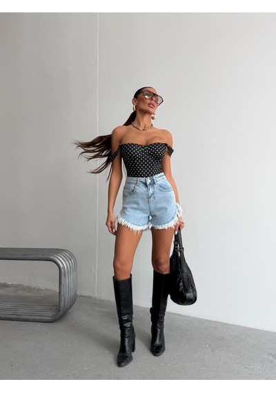 HerTon Kadın Yüksek Bel Püsküllü Jean Şort - Yanları Kavisli Yırtık Detaylı Denim Şort
