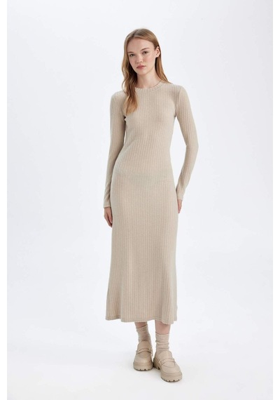 DeFacto Bodycon Vücudu Saran Bisiklet Yaka Basic Düz Kaşkorse Uzun Kollu Maxi Elbise D3373AX24WNBG123 Bej