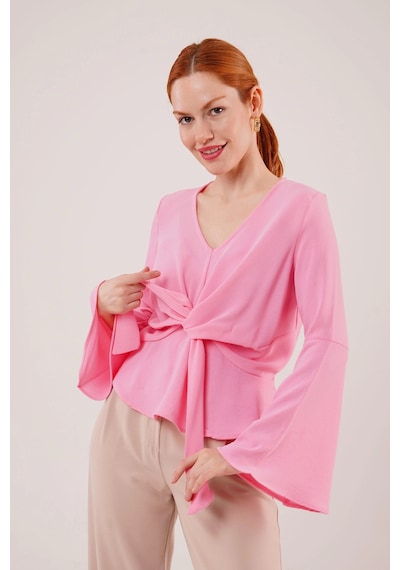 Defymoda Ön Bağlamalı Volan Kol Pembe Bluz Pembe